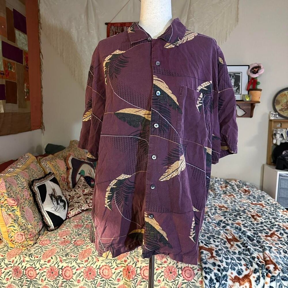 Aureus Silk/Cotton Blend Vintage Purple Palm Leaf Hawaiian Button Up